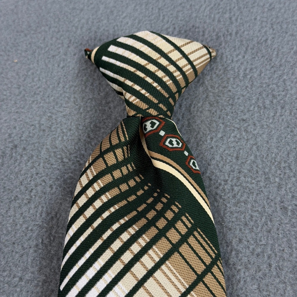 Vintage Wembley Wemlon Clip-On Tie Green Tan Geometric Retro 70s Pattern Necktie